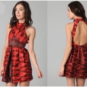 Tibi Silk Pirouette Party Dress Backless High Neck Red Brown Pleated Mini Dress